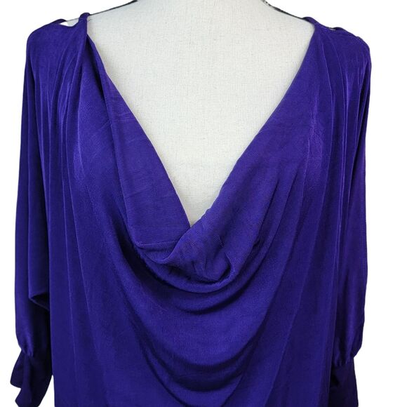 VTG 80s Purple Cowl Neck Dress Womens Sz S M Batwing Slit Sleeve Midi Drop Waist - Picture 2 of 7